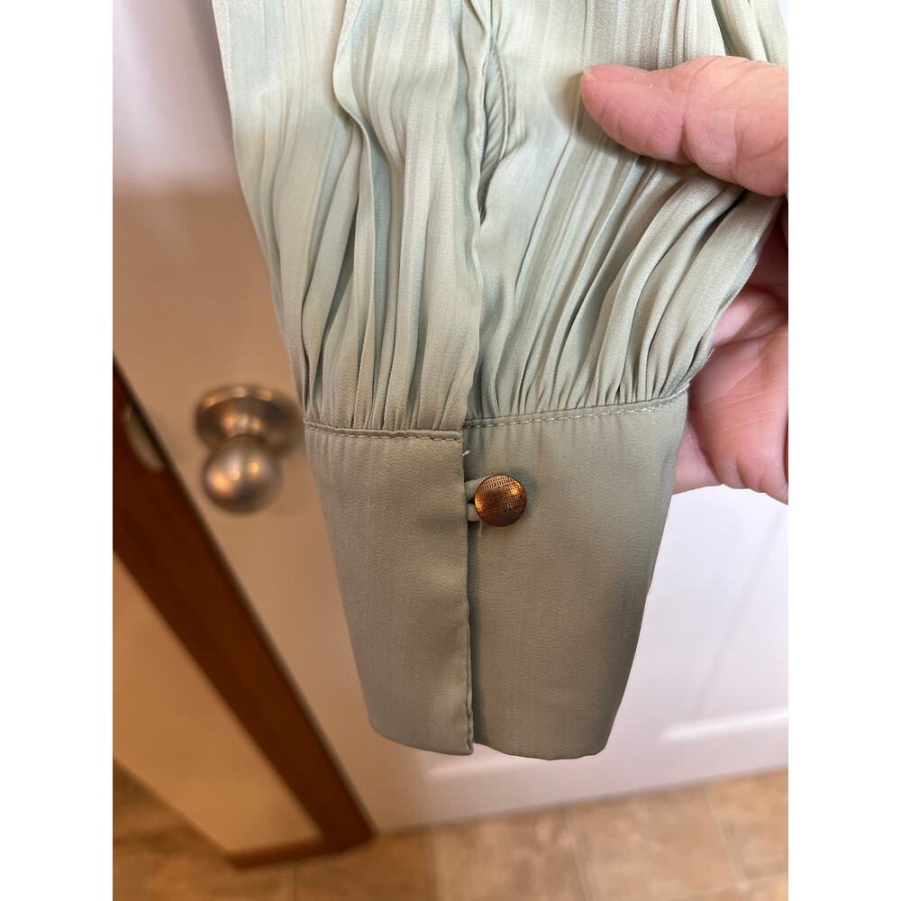 Anthropologie NEW Large Blouson Sleeve Satin Open‎ Back Blouse Mint Green V Neck - Picture 6 of 12